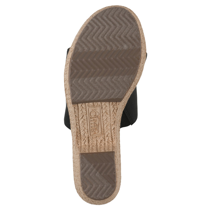 Sole view of a black, backless wedge sandal with centered sunflower embellishment, and braided rope style heel