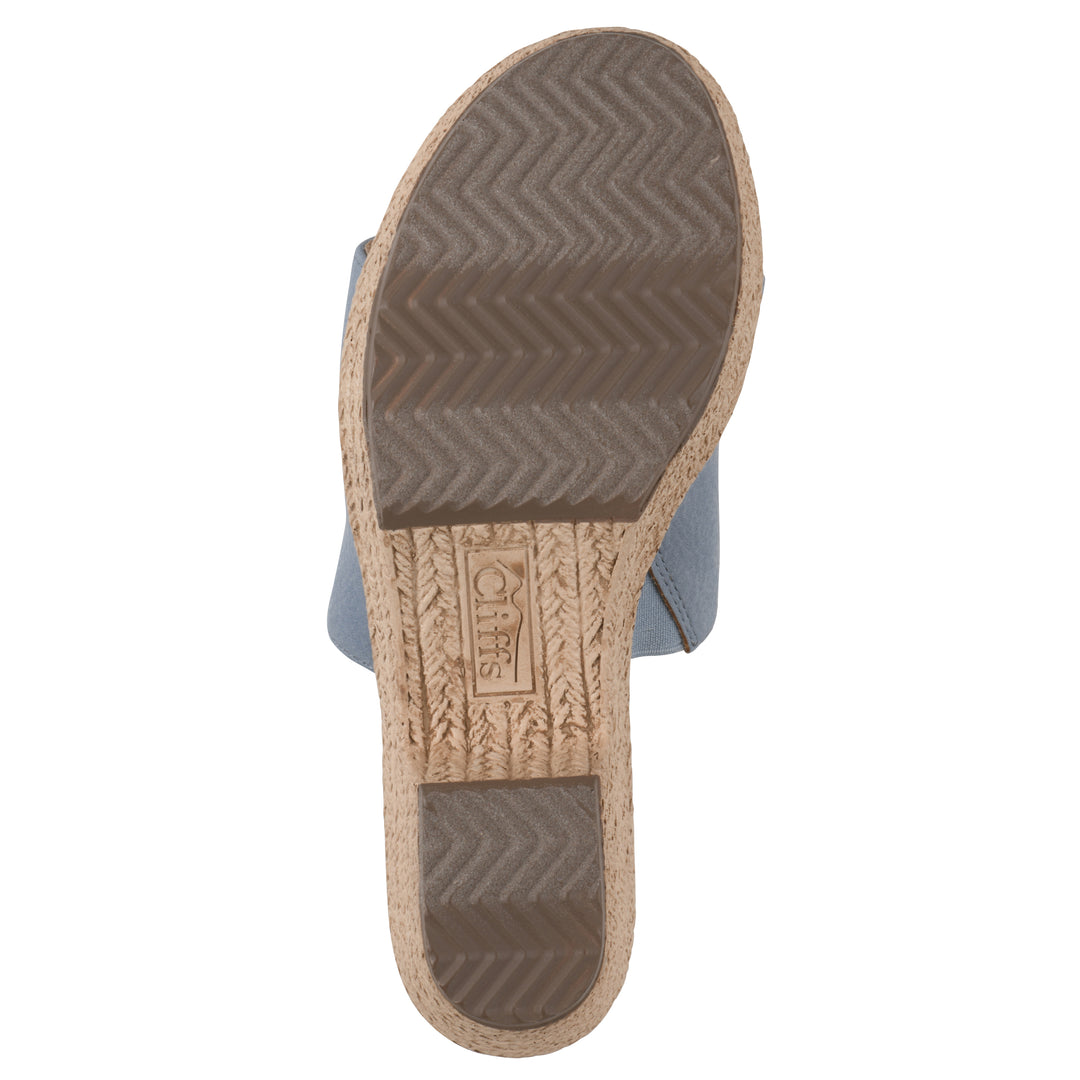 Sole view of a blue, backless wedge sandal with centered sunflower embellishment, and braided rope style heel