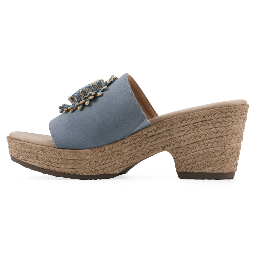 Side view of a blue, backless wedge sandal with centered sunflower embellishment, and braided rope style heel