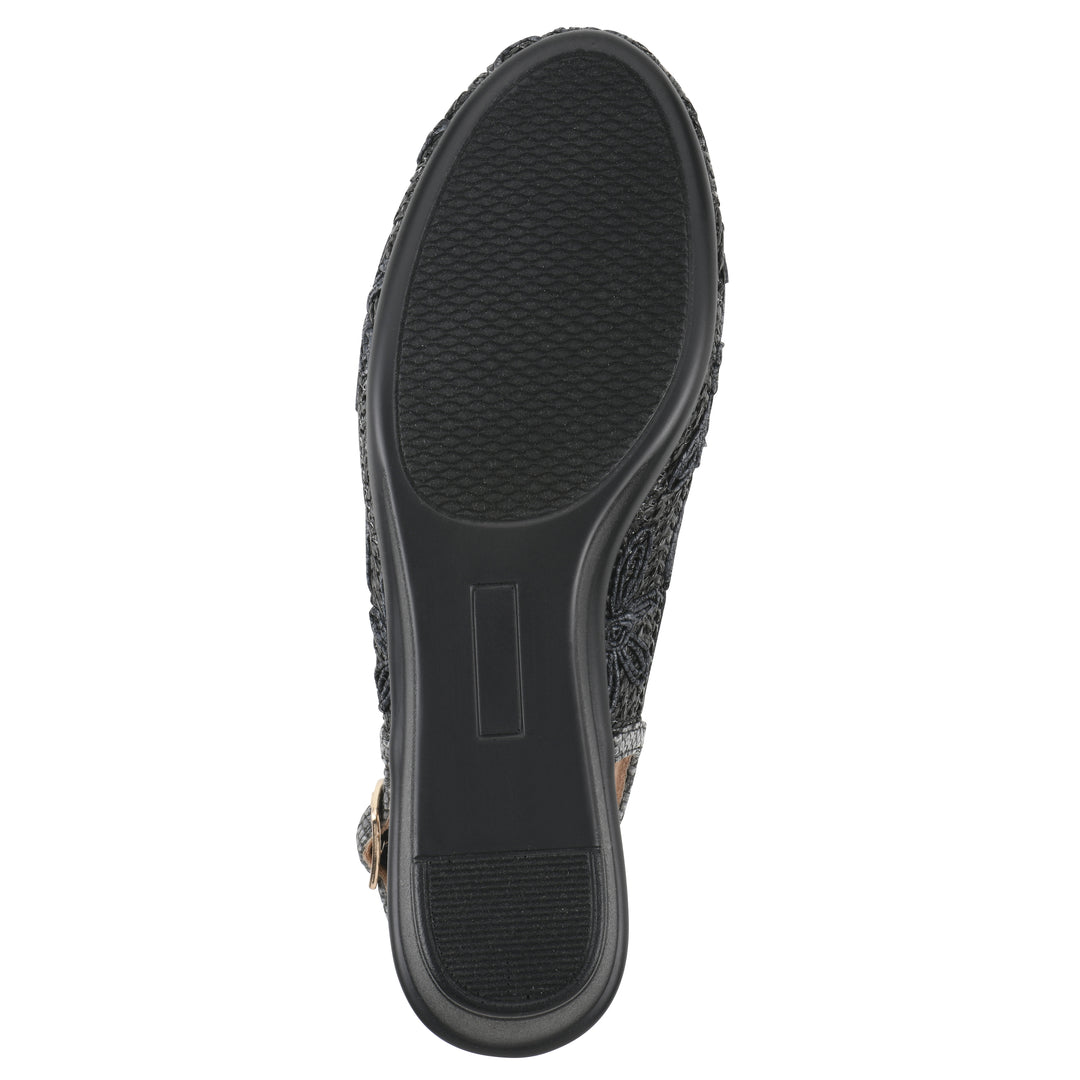 Sole view of a woven, black, raffia slingback with black floral detailing and an adjustable heel strap