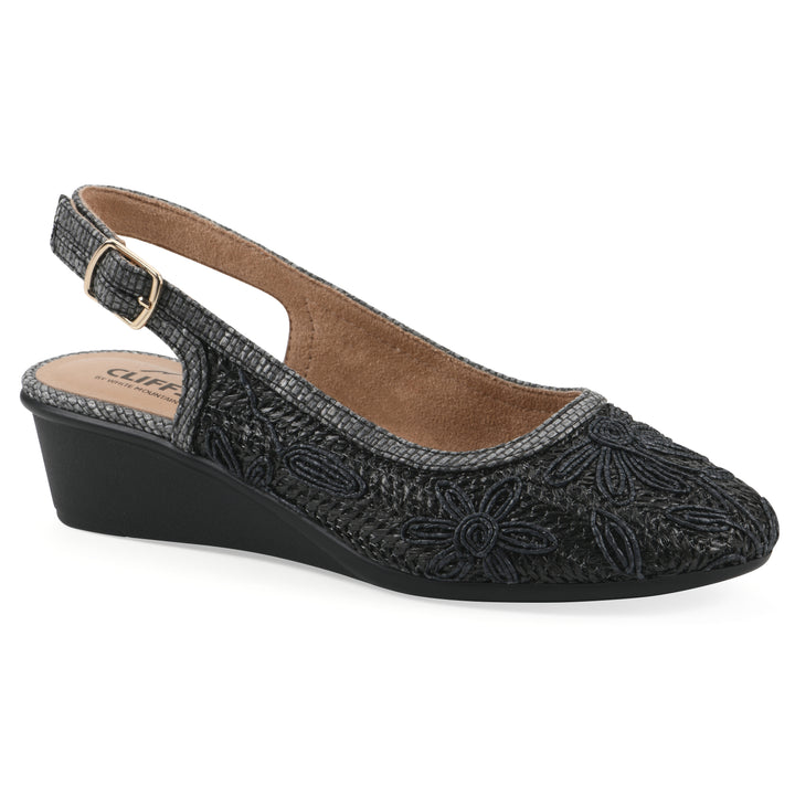 Angle view of a woven, black, raffia slingback with black floral detailing and an adjustable heel strap