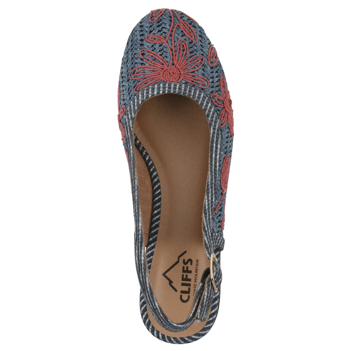 Top view of a woven, blue, raffia slingback with muted red floral detailing and an adjustable heel strap