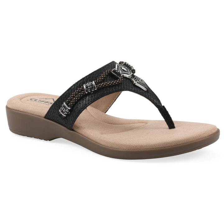Angle view of black thong sandal with silver bead embellishments and a tan sole