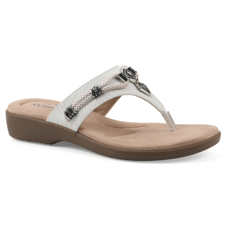 Angle view of white thong sandal with silver bead embellishments and a tan sole