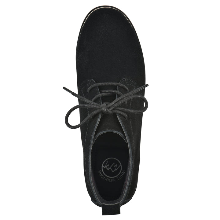 Top view of a black suede bootie with lace-up closure and a low black heel 