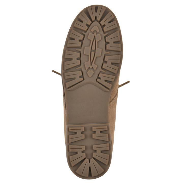 Sole view of a tan suede bootie with lace-up closure and a low heel 