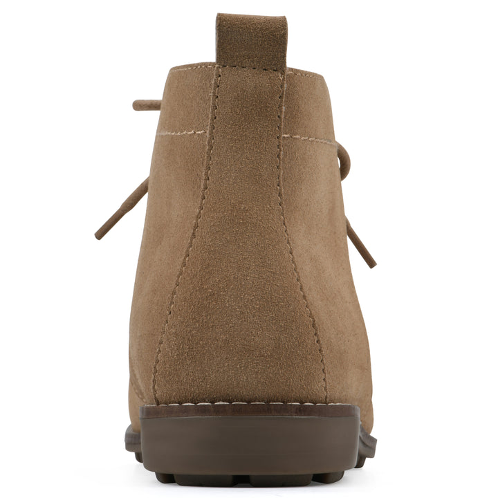 Rear view of a tan suede bootie with lace-up closure and a low heel 