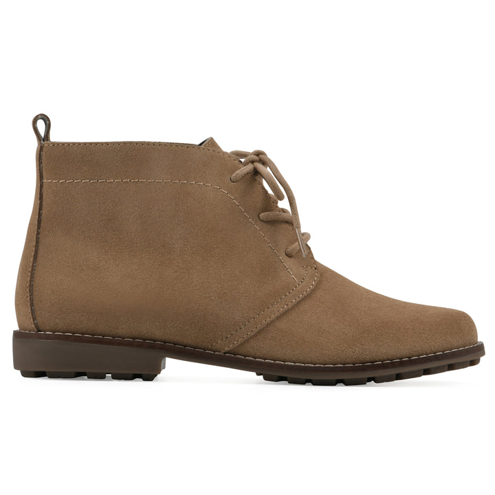 Side view of a tan suede bootie with lace-up closure and a low heel 