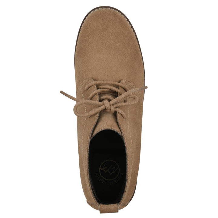 Top view of a tan suede bootie with lace-up closure and a low heel 