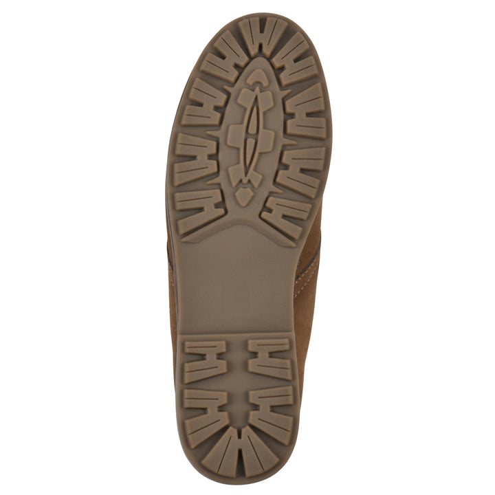 Sole view of a chestnut brown suede bootie with lace-up closure and a low heel 