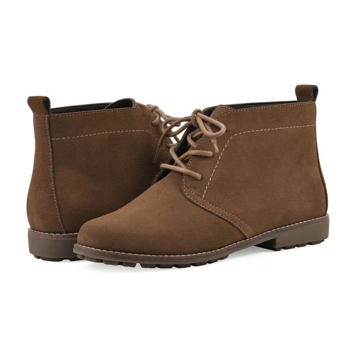 Side view of a pair of chestnut brown suede booties with lace-up closure and a low heel 