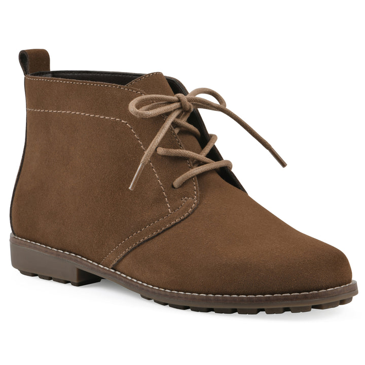 Angle view of a chestnut brown suede bootie with lace-up closure and a low heel 