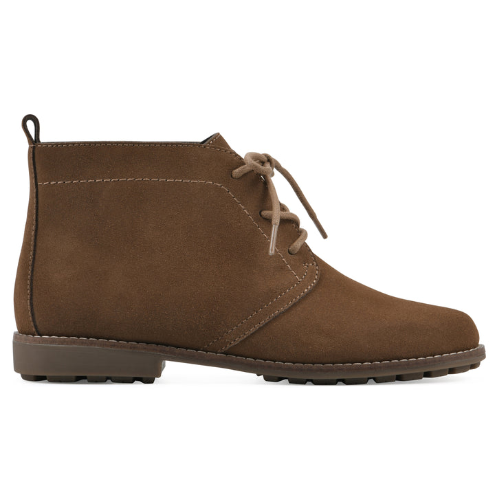 Side view of a chestnut brown suede bootie with lace-up closure and a low heel 