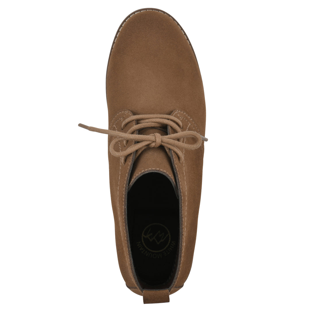Top view of a chestnut brown suede bootie with lace-up closure and a low heel 
