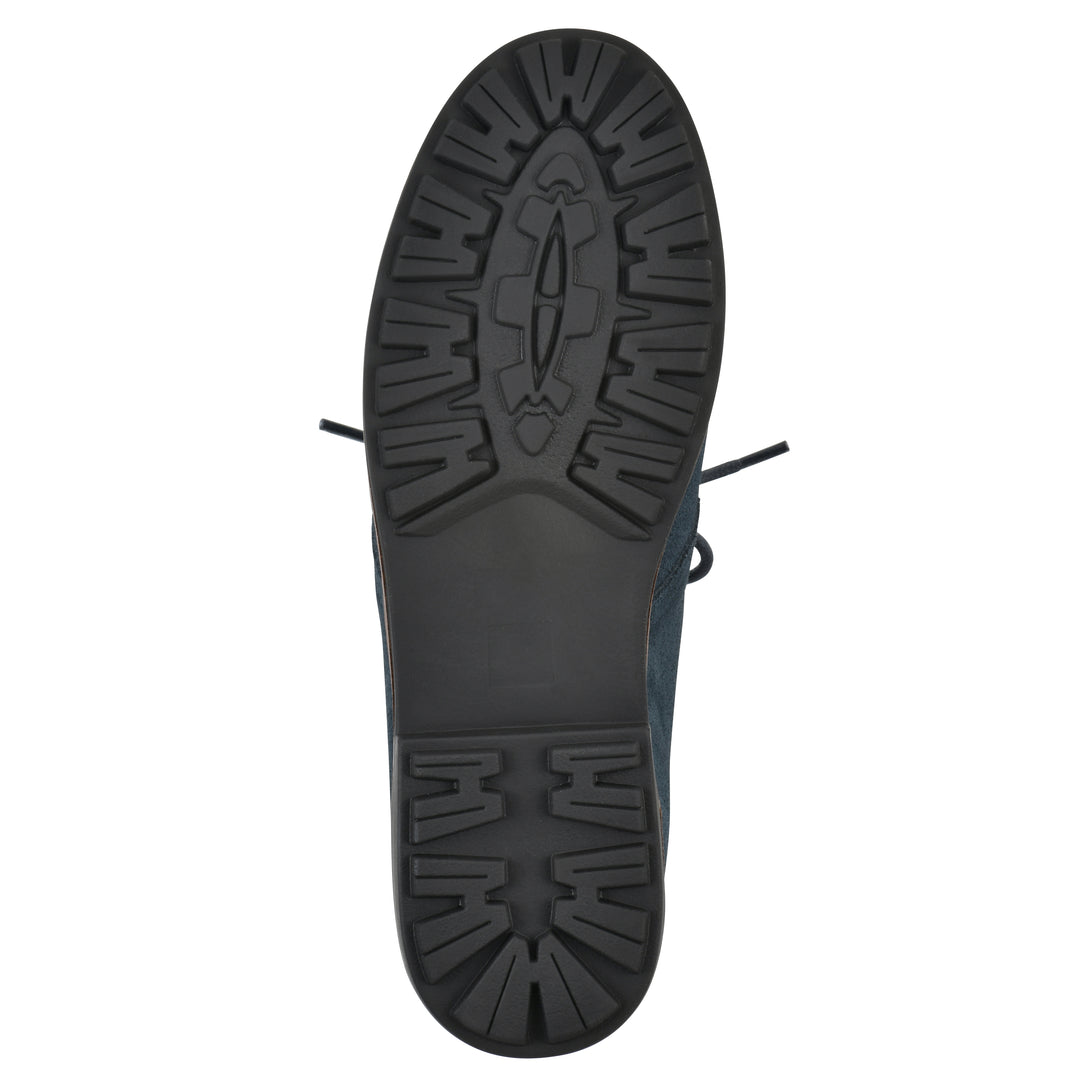 Sole view of a Navy suede bootie with lace-up closure and a low heel 