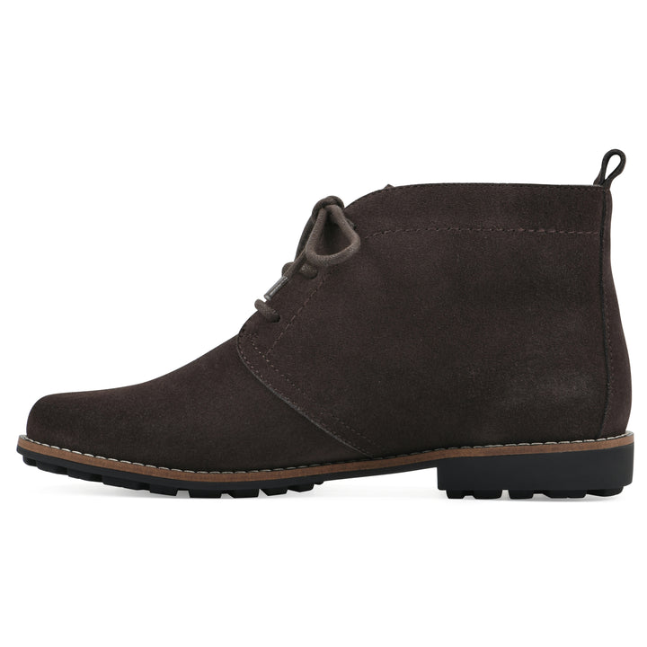 Side view of a deep brown suede bootie with lace-up closure and a low heel 