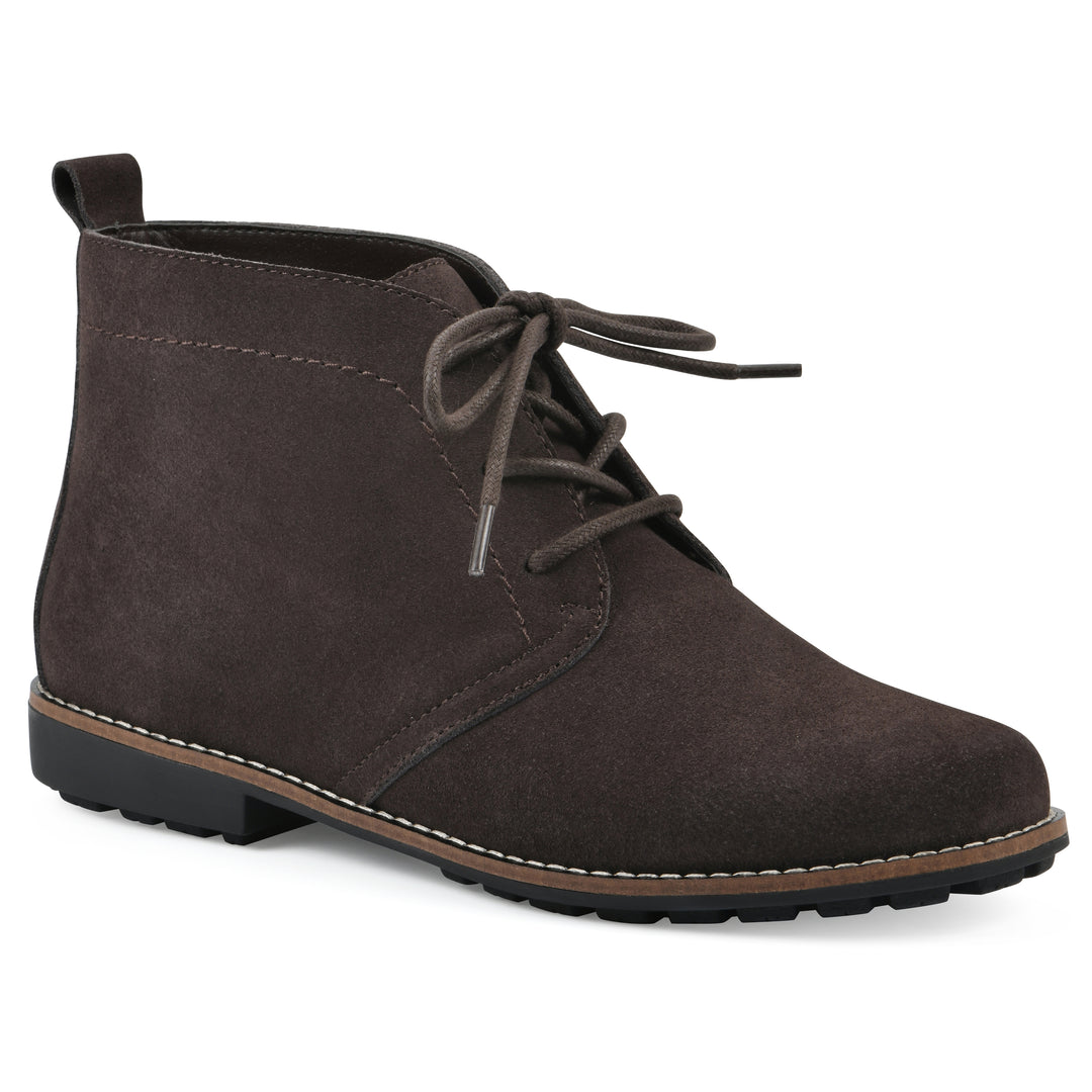 Angle view of a deep brown suede bootie with lace-up closure and a low heel 