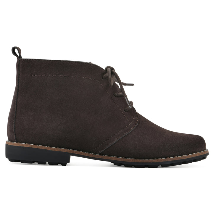 Side view of a deep brown suede bootie with lace-up closure and a low heel 