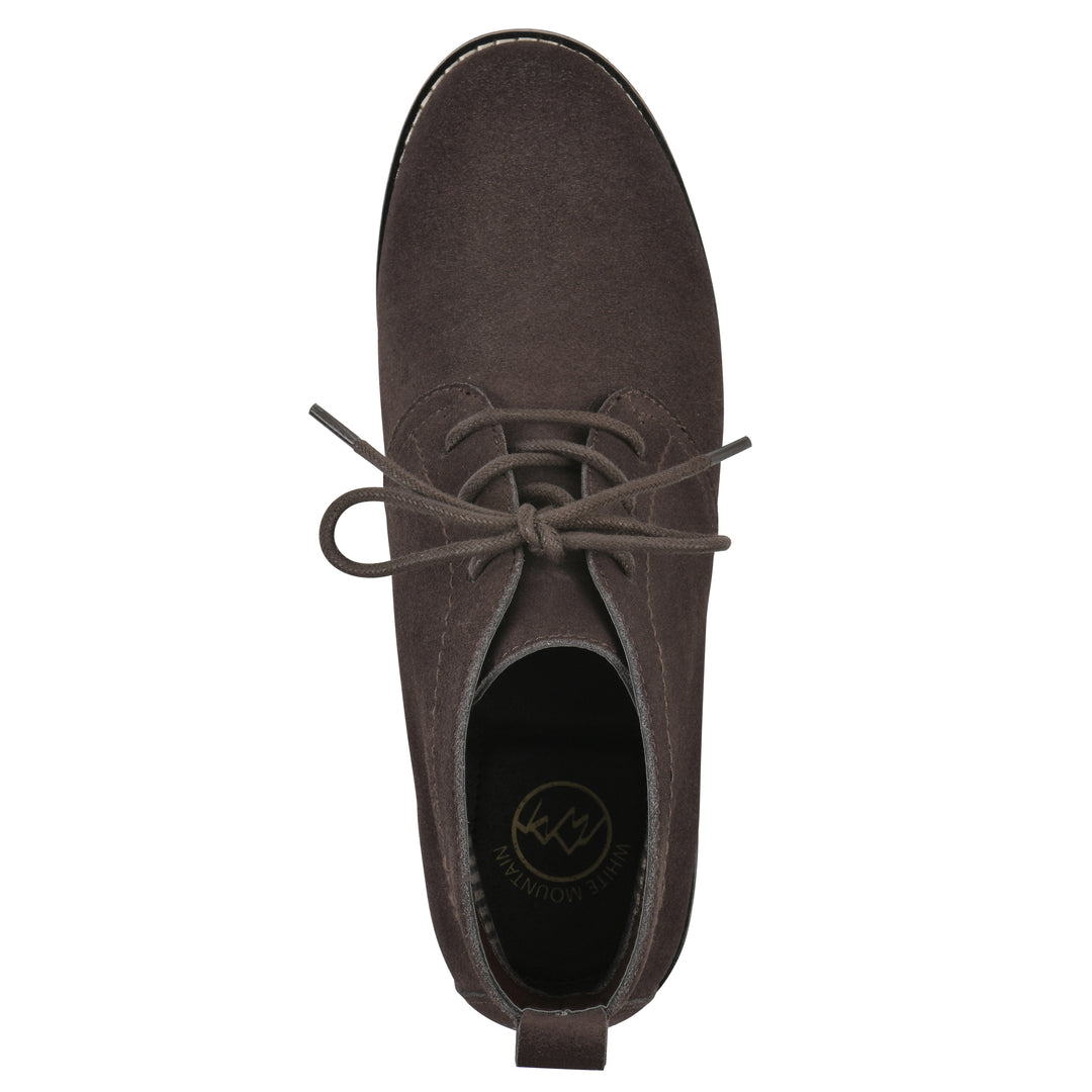 Top view of a deep brown suede bootie with lace-up closure and a low heel 