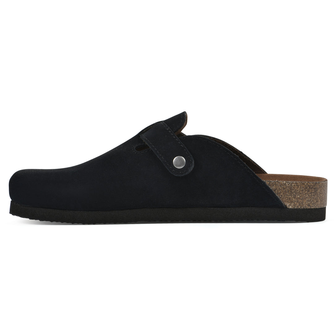 Side view of a black suede clog with metal buckle on an adjustable strap, and a brown sole with black bottom