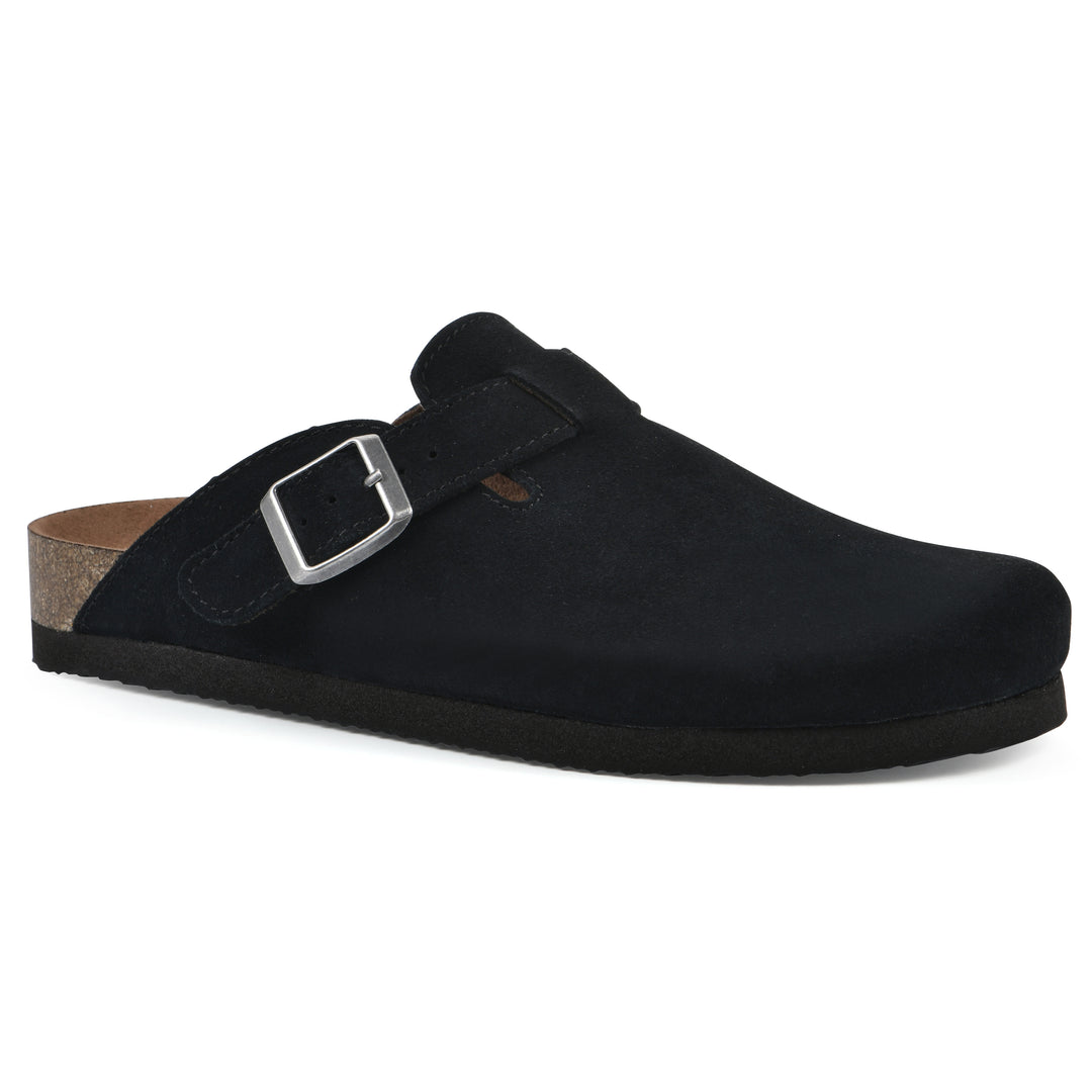 Angle view of a black suede clog with metal buckle on an adjustable strap, and a brown sole with black bottom