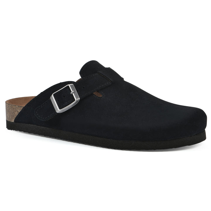 Angle view of a black suede clog with metal buckle on an adjustable strap, and a brown sole with black bottom