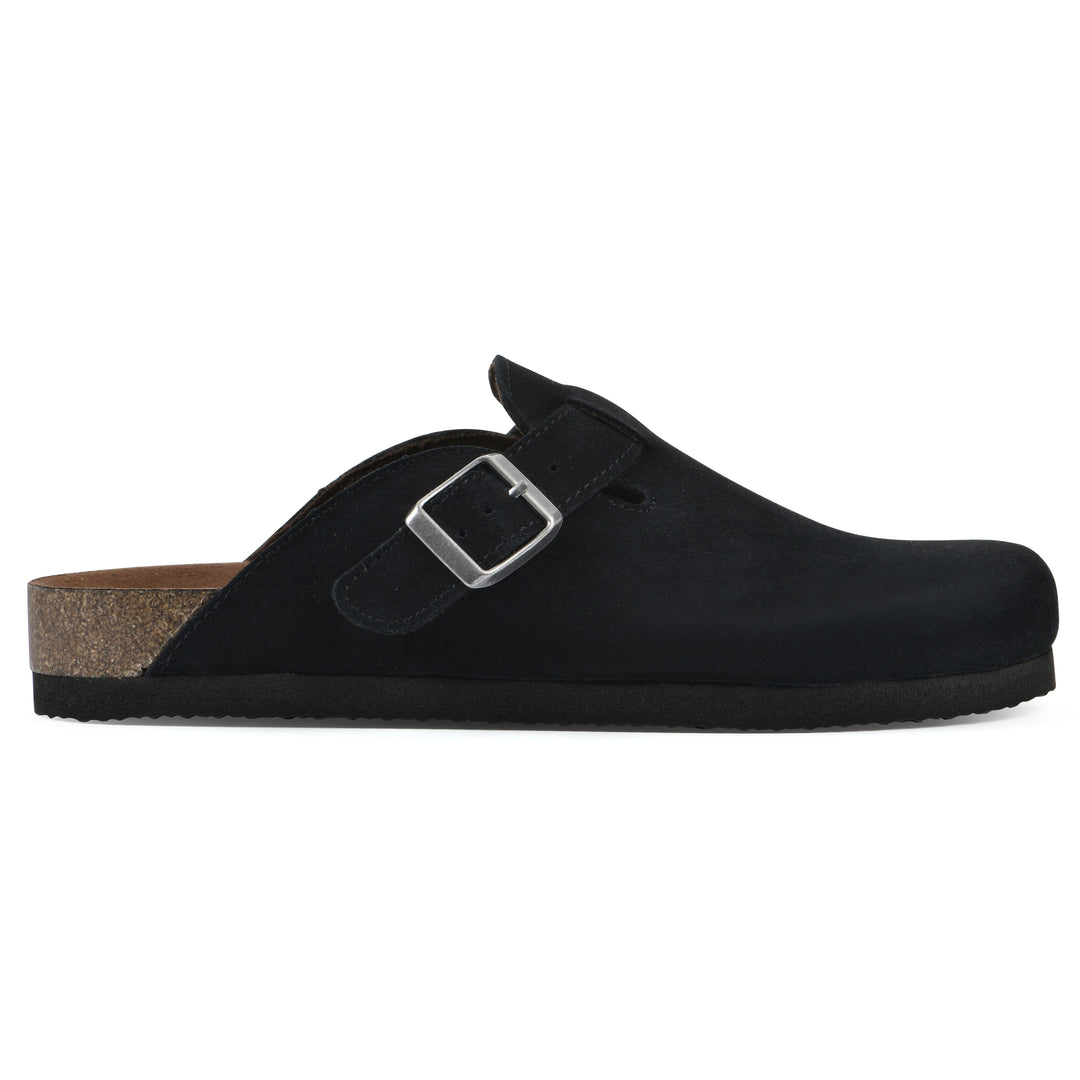 Side view of a black suede clog with metal buckle on an adjustable strap, and a brown sole with black bottom