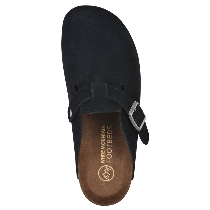 Top view of a black suede clog with metal buckle on an adjustable strap, and a brown sole with black bottom