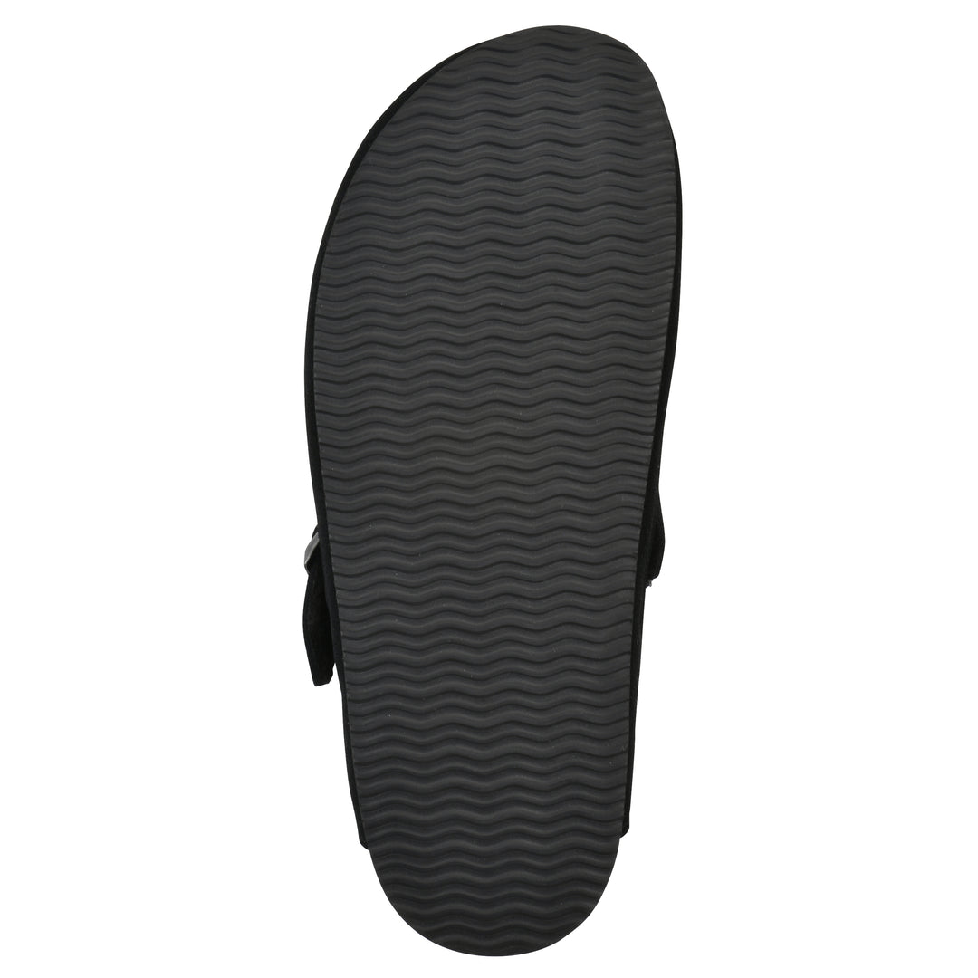 Sole view of a black suede clog with black faux shearling lining, a metal buckle on an adjustable strap, and a brown sole with black patterned bottom