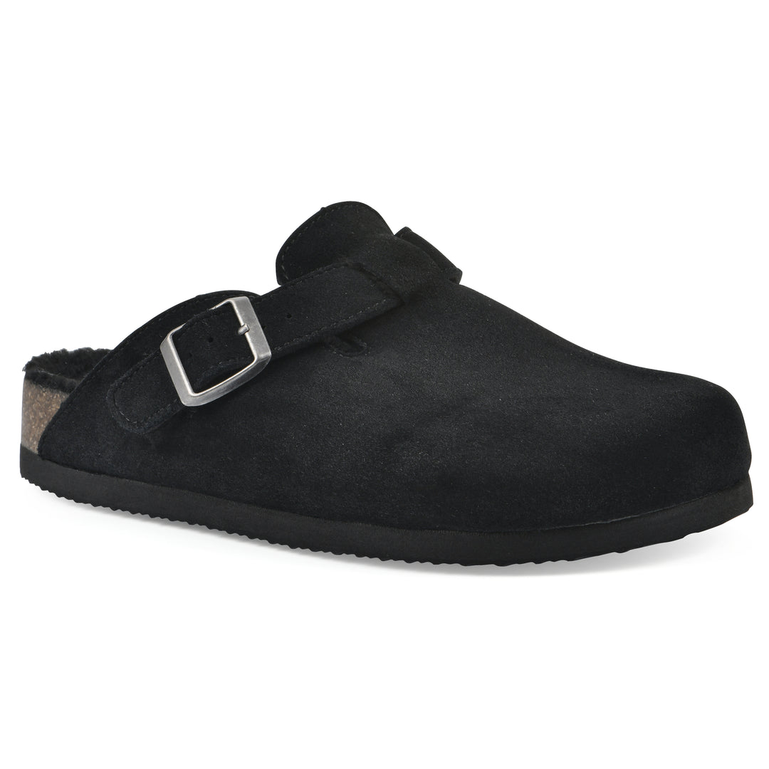 Angle view of a black suede clog with black faux shearling lining, a metal buckle on an adjustable strap, and a brown sole with black bottom
