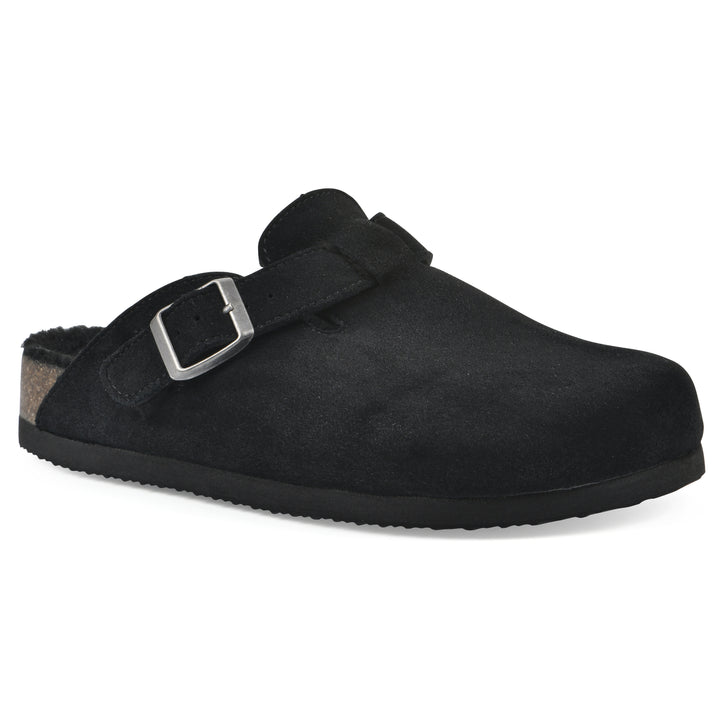 Angle view of a black suede clog with black faux shearling lining, a metal buckle on an adjustable strap, and a brown sole with black bottom