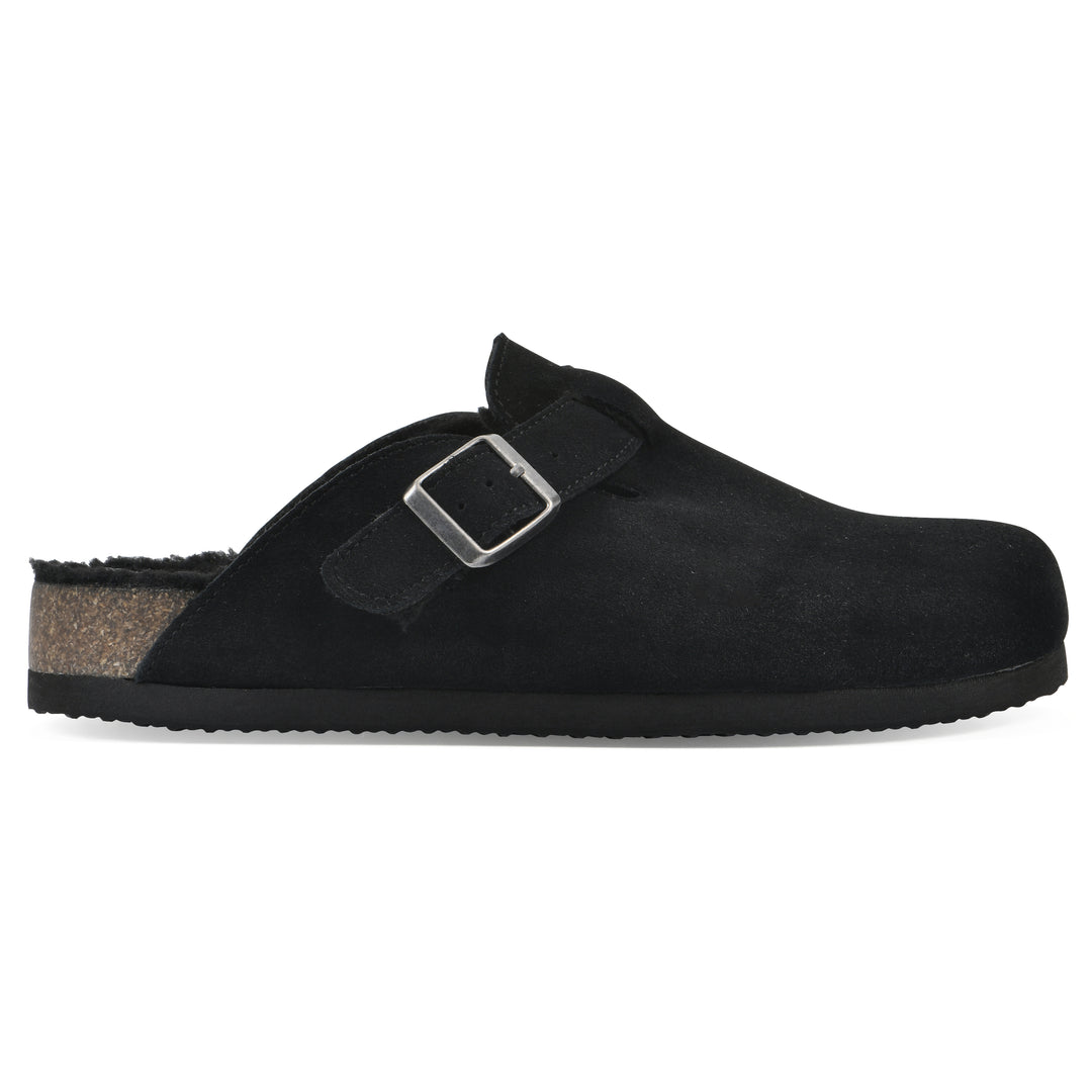 Side view of a black suede clog with black faux shearling lining, a metal buckle on an adjustable strap, and a brown sole with black bottom
