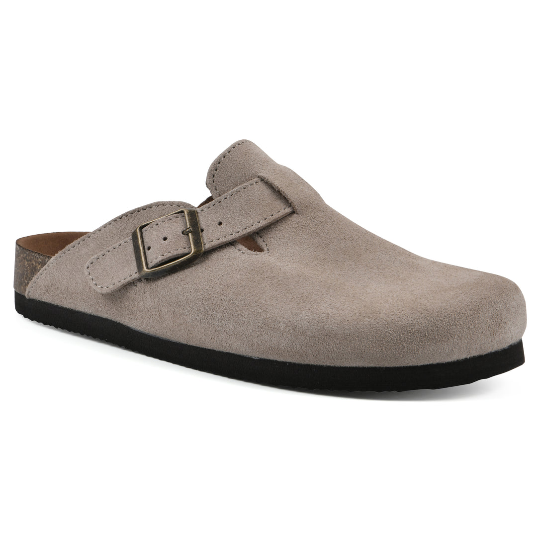 Angle view of a taupe suede clog with metal buckle on an adjustable strap, and a brown sole with black bottom