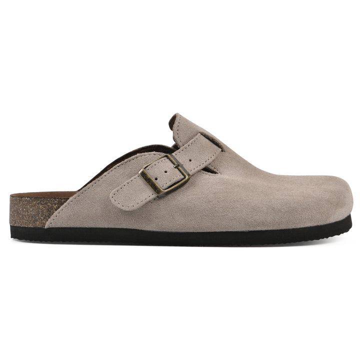 Side view of a taupe suede clog with metal buckle on an adjustable strap, and a brown sole with black bottom