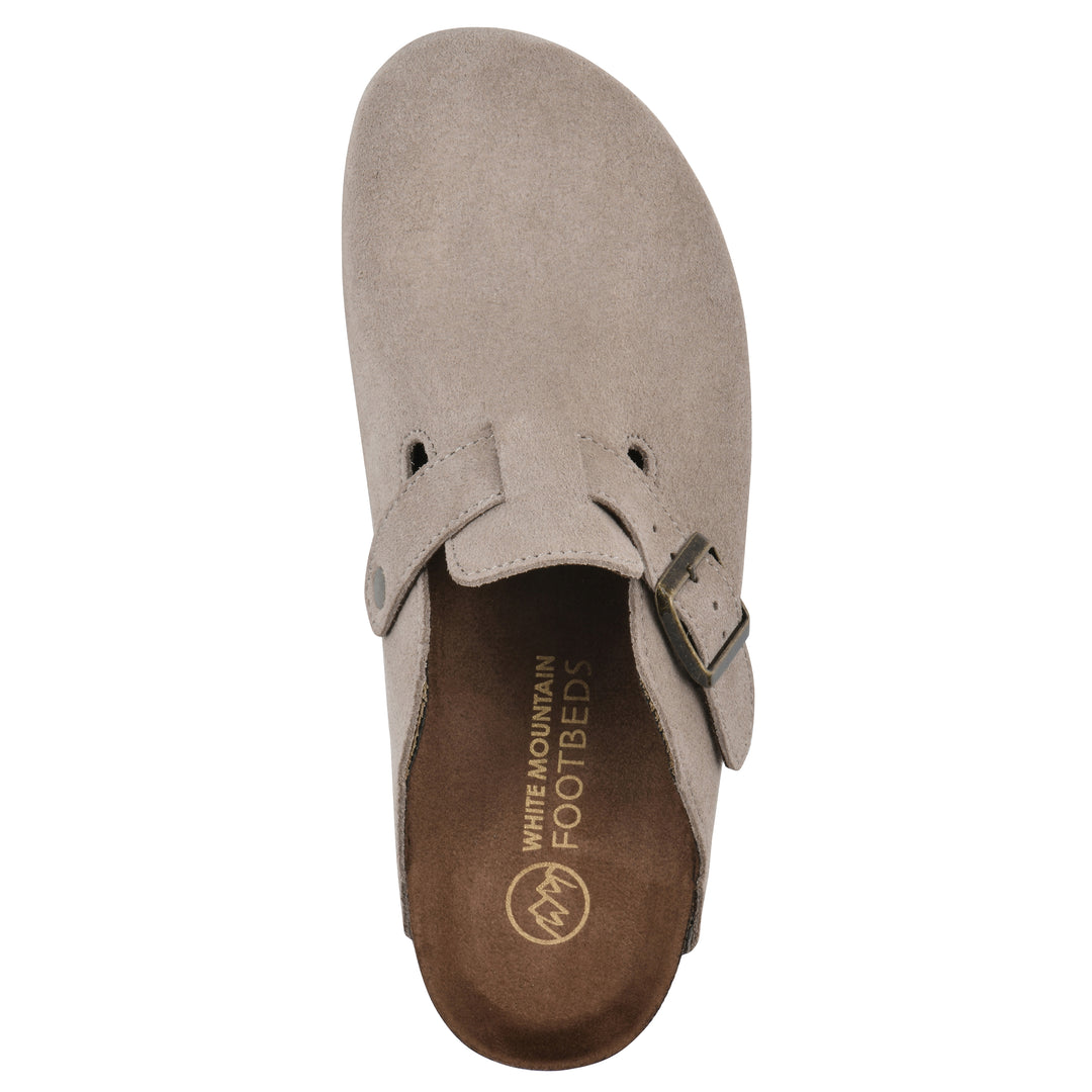 Top view of a taupe suede clog with metal buckle on an adjustable strap, and a brown sole with black bottom