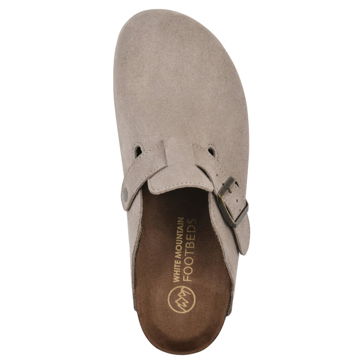 Top view of a taupe suede clog with metal buckle on an adjustable strap, and a brown sole with black bottom