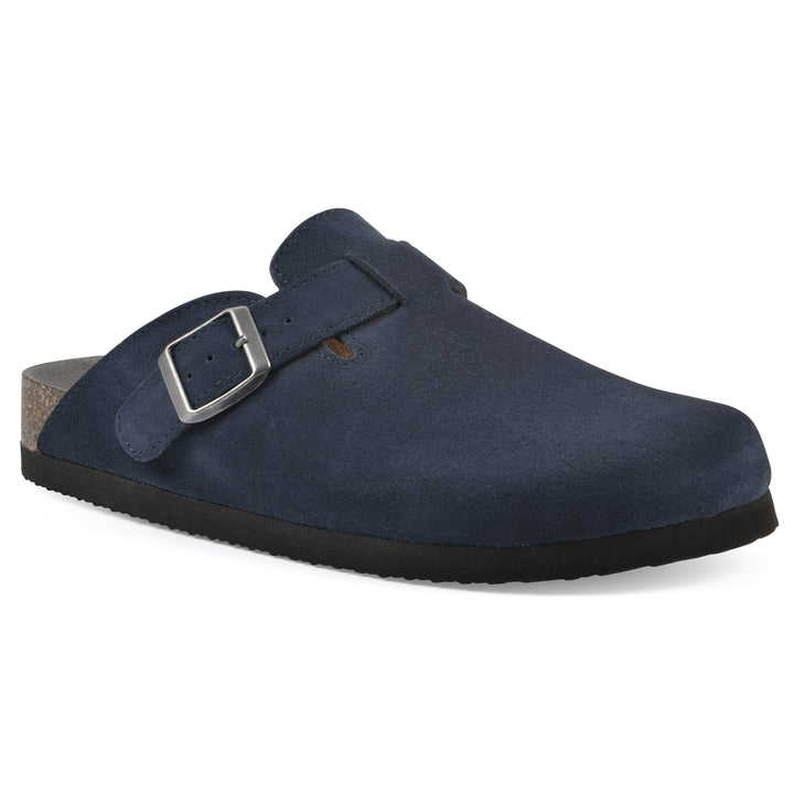 Angle view of a navy suede clog with metal buckle on an adjustable strap, and a brown sole with black bottom