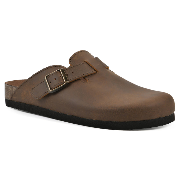 Angle view of a whiskey leather clog with metal buckle on an adjustable strap, and a brown sole with black bottom