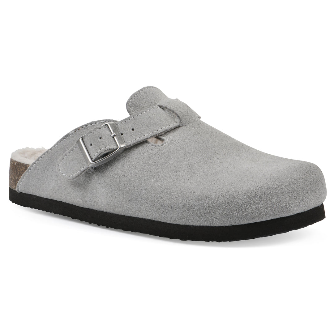 Angle view of a light grey suede clog with white faux shearling lining, a metal buckle on an adjustable strap, and a brown sole with black bottom