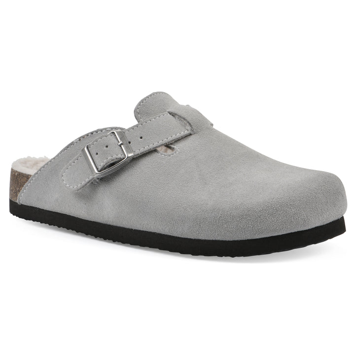 Angle view of a light grey suede clog with white faux shearling lining, a metal buckle on an adjustable strap, and a brown sole with black bottom