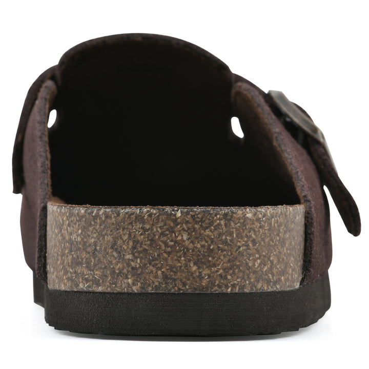 Rear view of a brown suede clog with a metal buckle on an adjustable strap, and a brown sole with black bottom