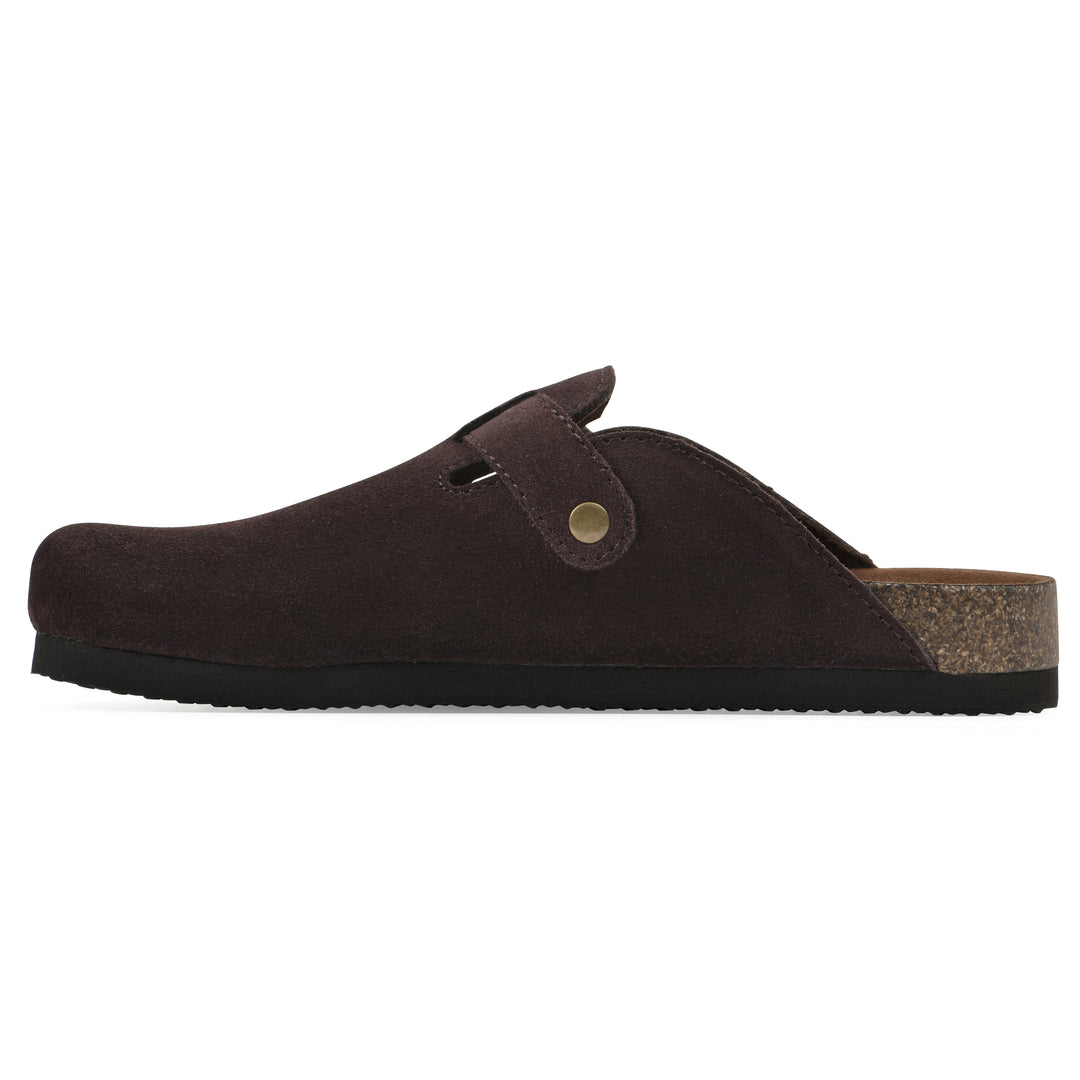 Side view of a brown suede clog with a metal buckle on an adjustable strap, and a brown sole with black bottom