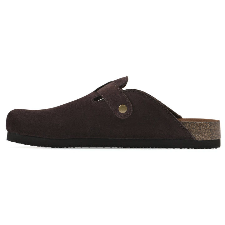 Side view of a brown suede clog with a metal buckle on an adjustable strap, and a brown sole with black bottom
