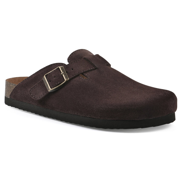 Angle view of a brown suede clog with a metal buckle on an adjustable strap, and a brown sole with black bottom