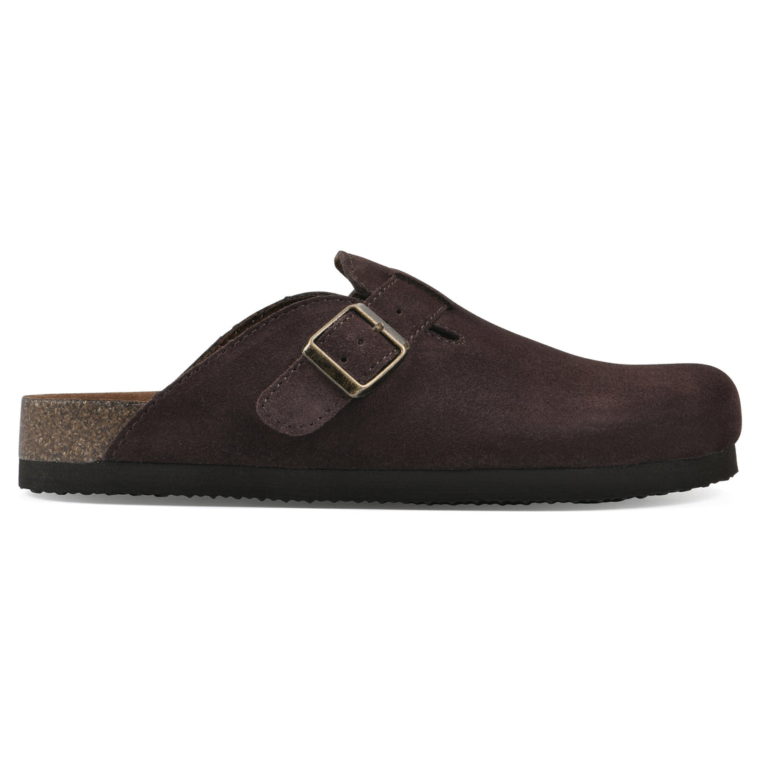 Side view of a brown suede clog with a metal buckle on an adjustable strap, and a brown sole with black bottom