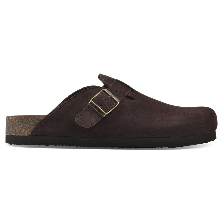 Side view of a brown suede clog with a metal buckle on an adjustable strap, and a brown sole with black bottom