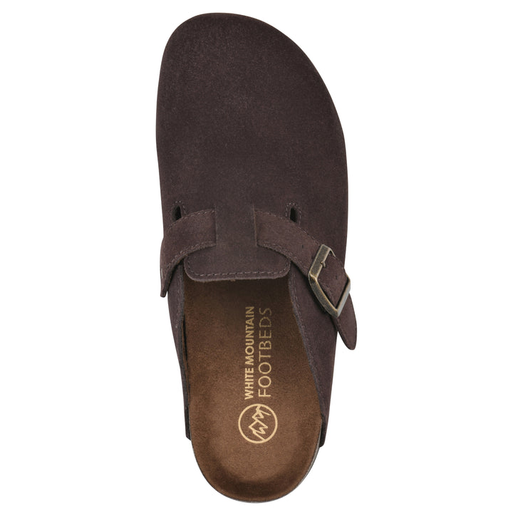 Top view of a brown suede clog with a metal buckle on an adjustable strap, and a brown sole with black bottom