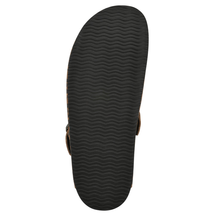 Sole view of a brown leopard suede clog with a metal buckle on an adjustable strap, and a brown sole with black patterned bottom