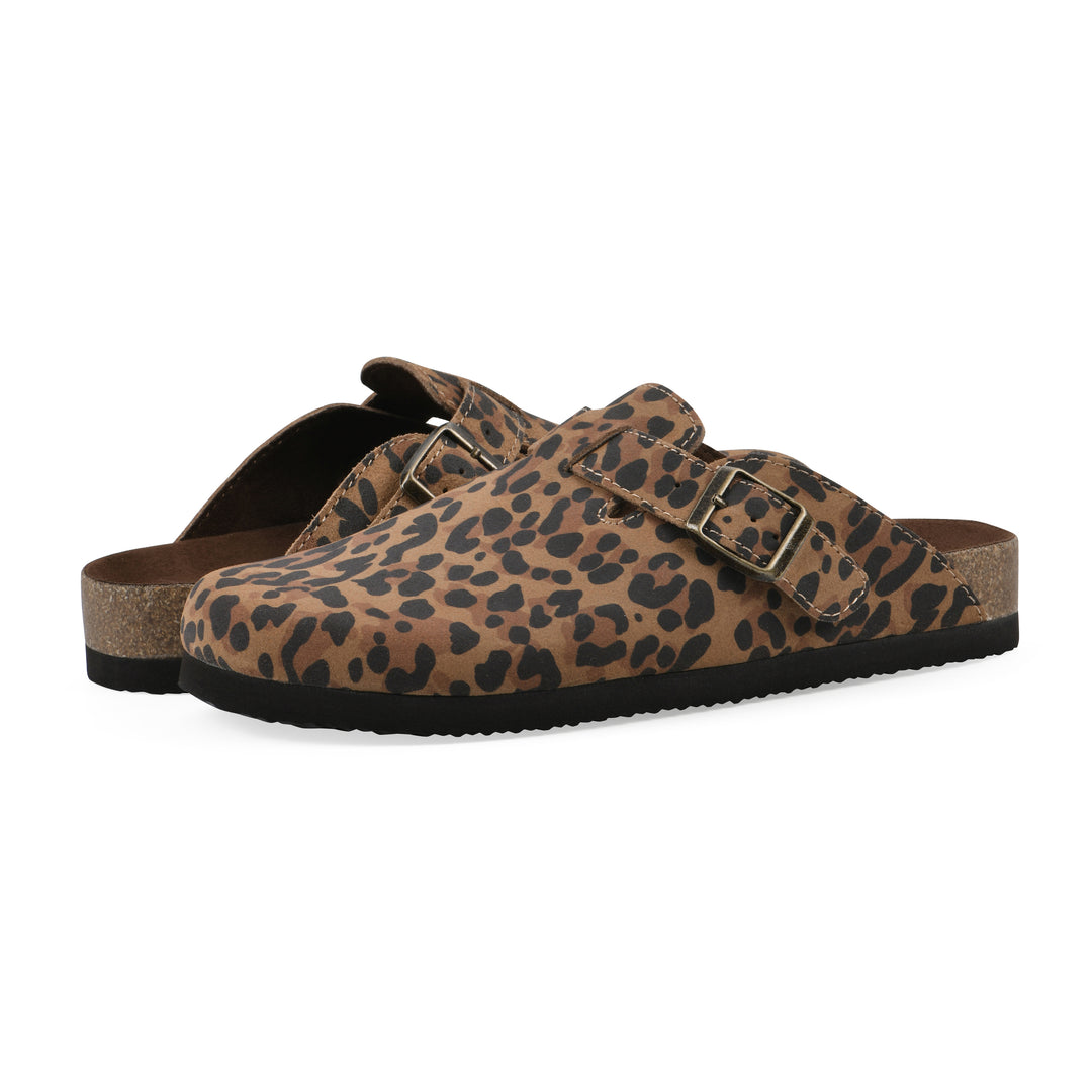 Angle view of a pair of brown leopard suede clogs with a metal buckle on an adjustable strap, and a brown sole with black bottom