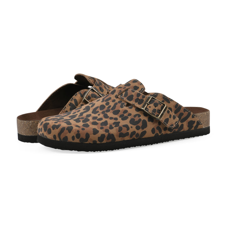 Angle view of a pair of brown leopard suede clogs with a metal buckle on an adjustable strap, and a brown sole with black bottom